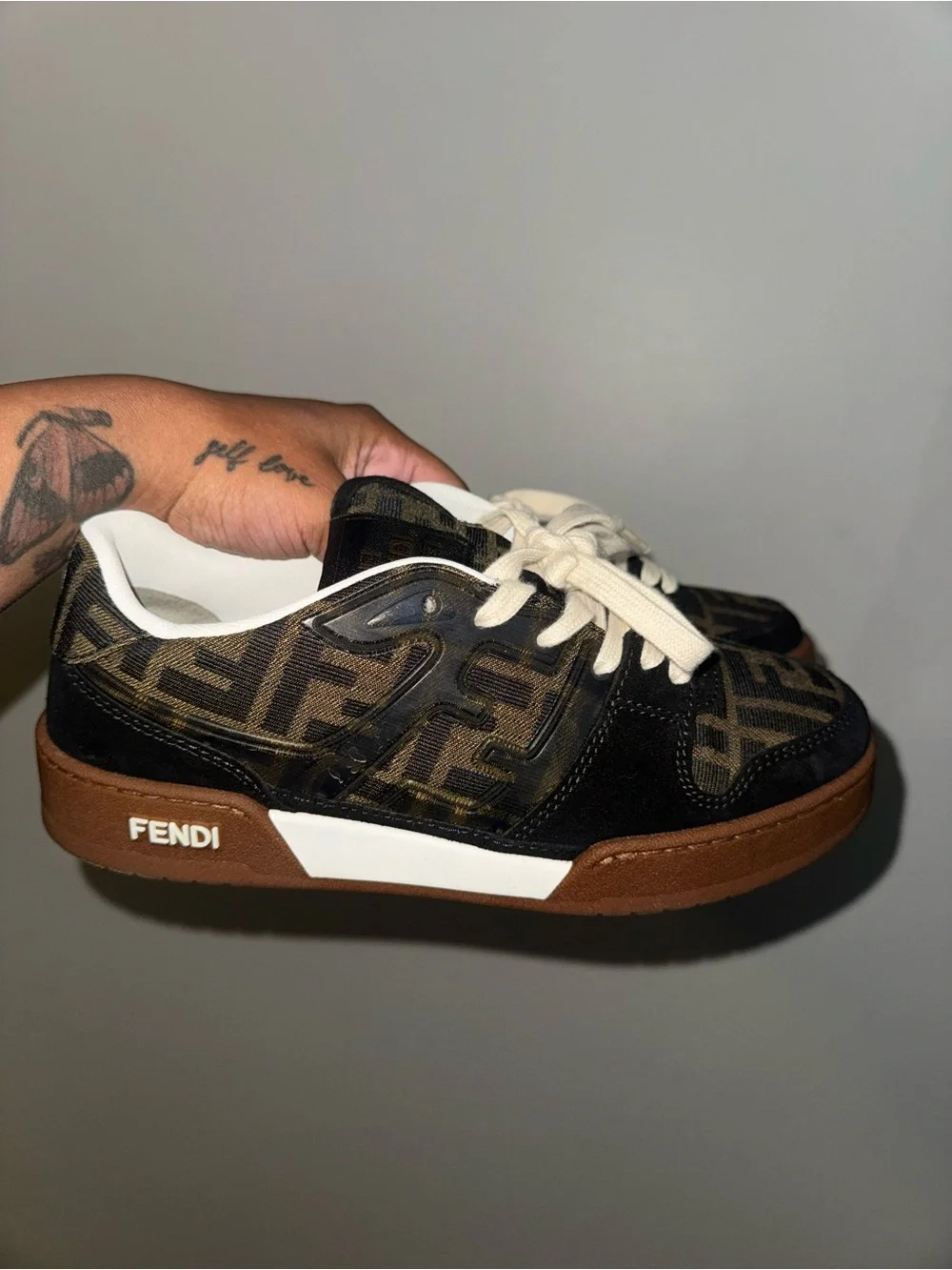 Fendi Brown and Black FF Logo Low-Top Sneakers with Cream Laces